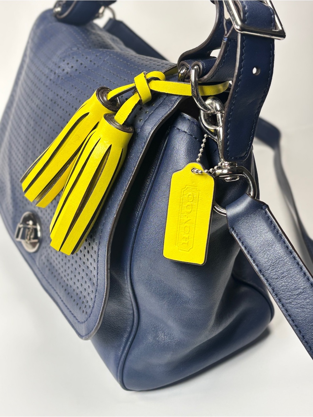 Coach Navy Perforated Crossbody Bag with Yellow tassel Accent. Tan interior. EUC - Picture 6 of 8